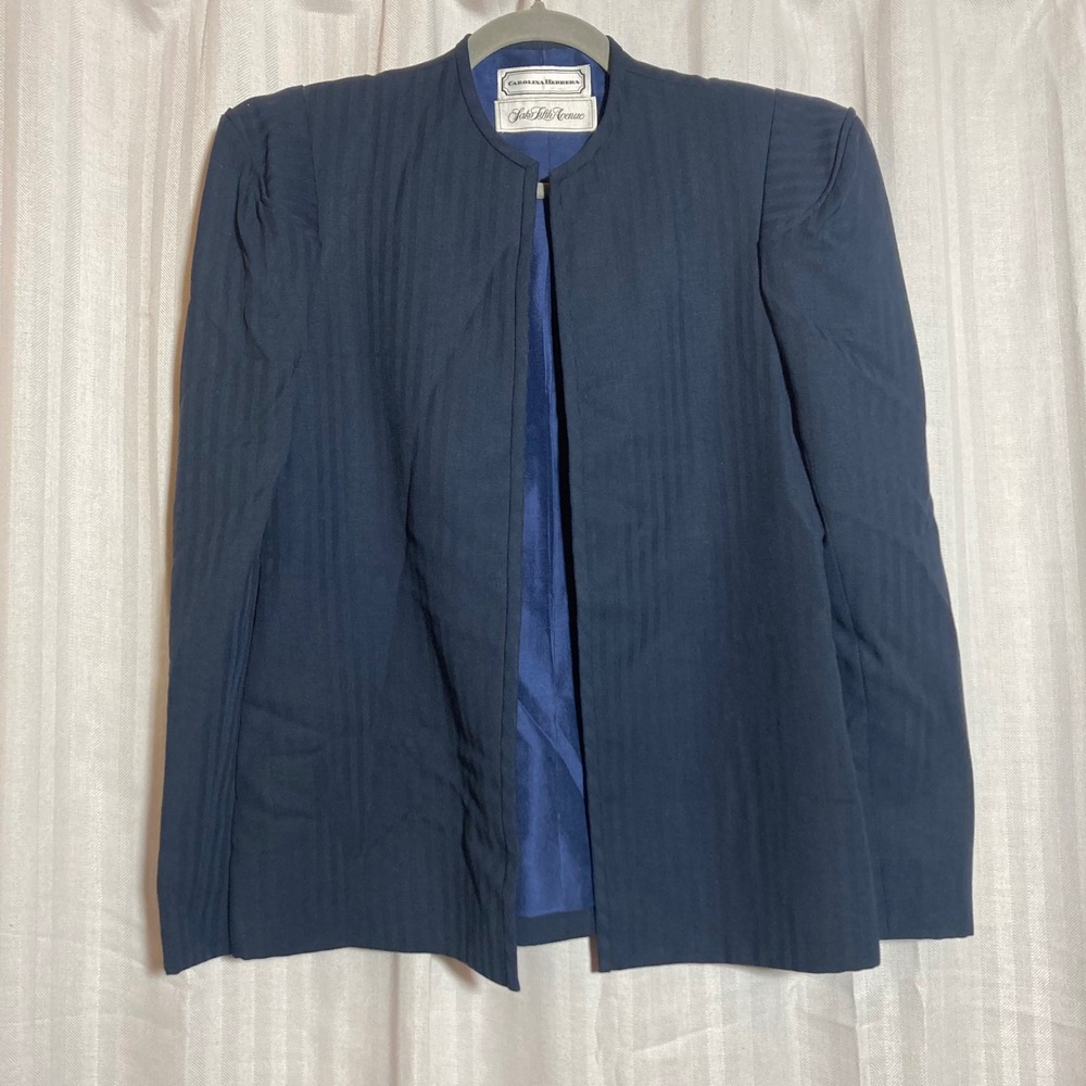 Carolina Herrera Saks Fifth Avenue Vintage 100% Wool Silk Blazer Navy Blue 10